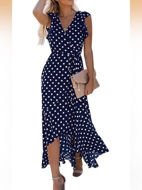 Grecerelle black and White Polka Dot High-Low Wrap Dress size S